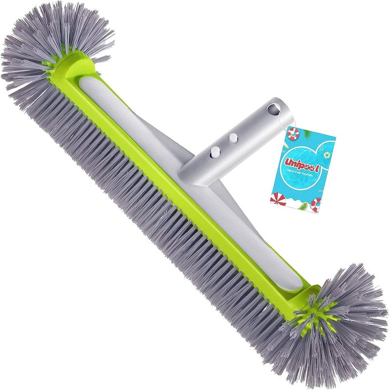 Unipool Professional Swimming Pool Brush Head with Round Ends,17.5" Heavy Duty Aluminum Back for Cleaning Pool Walls, 7 Rows Premium Nylon Bristles with EZ Clips (Green Grey) - Image 1